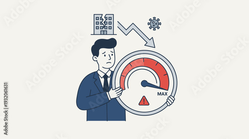 Worried businessman holding a gauge at maximum level representing high debt and financial stress during a company bankruptcy and economic crisis caused by the global coronavirus pandemic.