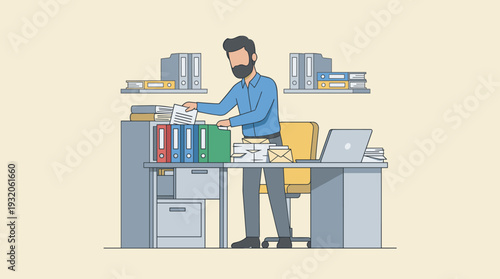 Businessman or office clerk organizing documents and binders in a filing cabinet at his desk with a laptop. Concept of document management, administration, and efficient professional workflow.