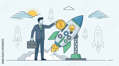 Businessman investor putting a gold dollar coin into a rocket to fund a startup company. Concept of venture capital investment, business growth, innovation, and successful project launch.
