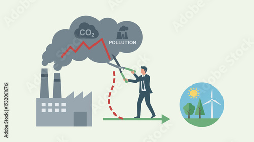 Businessman cutting carbon emissions and pollution with giant scissors, concept of global warming mitigation, environmental recovery plan, reducing carbon footprint for green energy future.