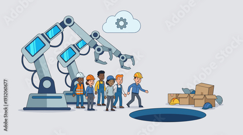 Industrial workers facing job loss and unemployment as they are replaced by artificial intelligence and robotic arms. Concept of automation, future of work, and technology replacing humans.