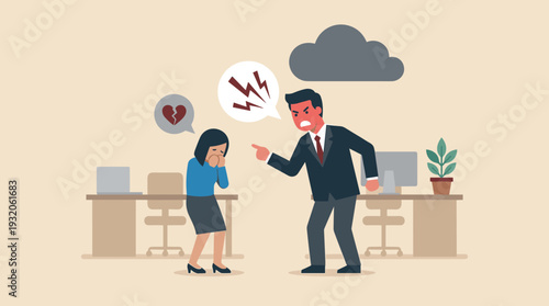 Workplace Bullying and Toxic Environment Concept with Aggressive Boss Shouting at Crying Female Employee in Office, Verbal Abuse, Harassment, and Emotional Distress Vector Illustration