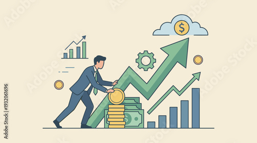 Businessman pushing a large green upward arrow representing financial growth and profit increase. Concept of investment, wealth accumulation, and successful business strategy with charts and money.