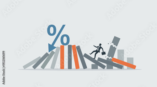 Interest Rate and Inflation Impact on Global Economy Concept with Percentage Sign Causing Domino Effect, Businessman Running from Financial Crisis, Market Volatility, Recession and Investment Risk.