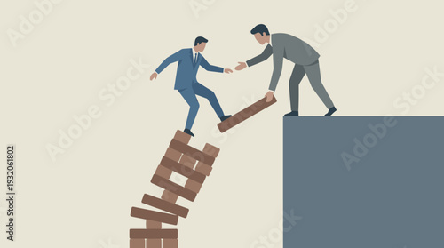 Businessman Standing on a Collapsing Tower of Wooden Blocks Being Rescued by a Partner Holding a Plank, Concept of Business Support, Teamwork, Crisis Management, and Professional Help in Danger.