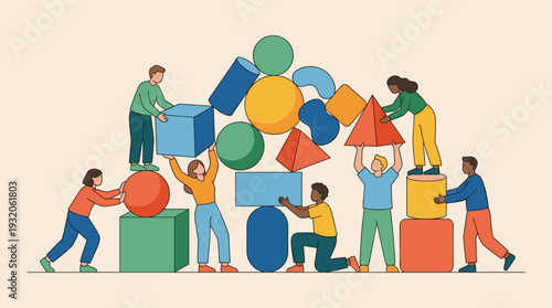 Diverse team of people working together to arrange colorful abstract geometric shapes, symbolizing cooperation, collaboration, and problem-solving in a simple flat vector illustration style.