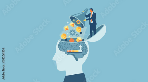 Businessman Filling Human Brain with Creative Ideas, Knowledge, and Innovation Using a Funnel, Conceptual Vector Illustration for Education, Mental Growth, Business Intelligence, and Learning