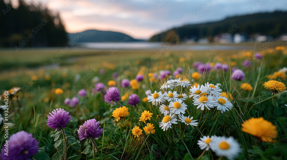 Obraz premium Flowers bloom in a field near the lake. Colors of wildflowers fill the field as sunlight fades over the lake in the evening. Nature shows its beauty in spring.