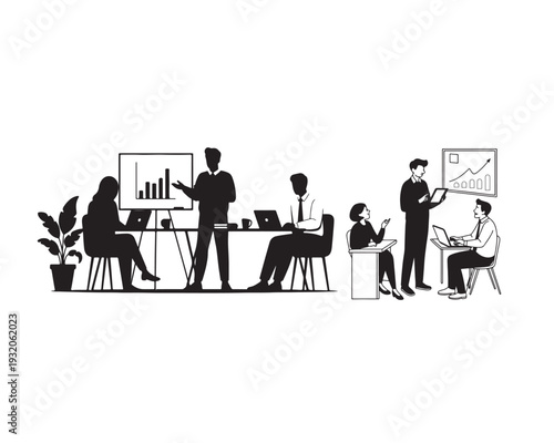 Business Meeting: A silhouetted image captures a focused business meeting, where professionals gather around a table and collaborate on projects and presentations. 