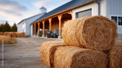 Bales of hay near farm storage area. Bales of hay are stacked in front of a farm building during late afternoon. Workers are seen organizing tools nearby.