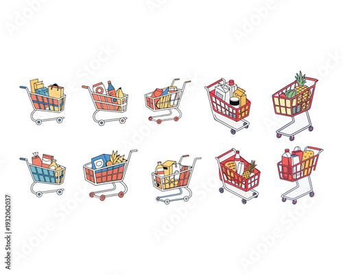 Shopping Carts Array: A colorful illustration showcasing an assortment of shopping carts, each filled with various groceries, representing consumerism and the art of shopping.