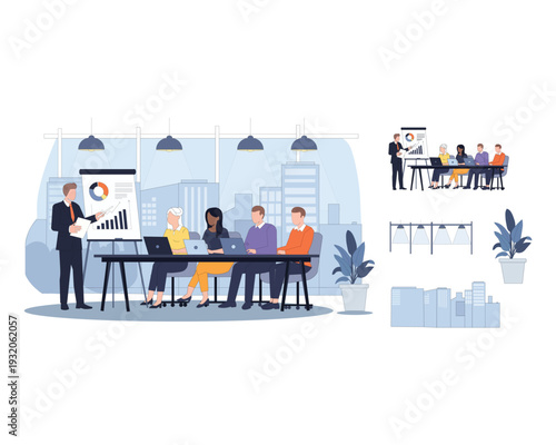 Business Strategy Meeting: A modern office setting hosts a productive business strategy meeting, where a presenter shares insights with a focused audience, collaborating on future goals