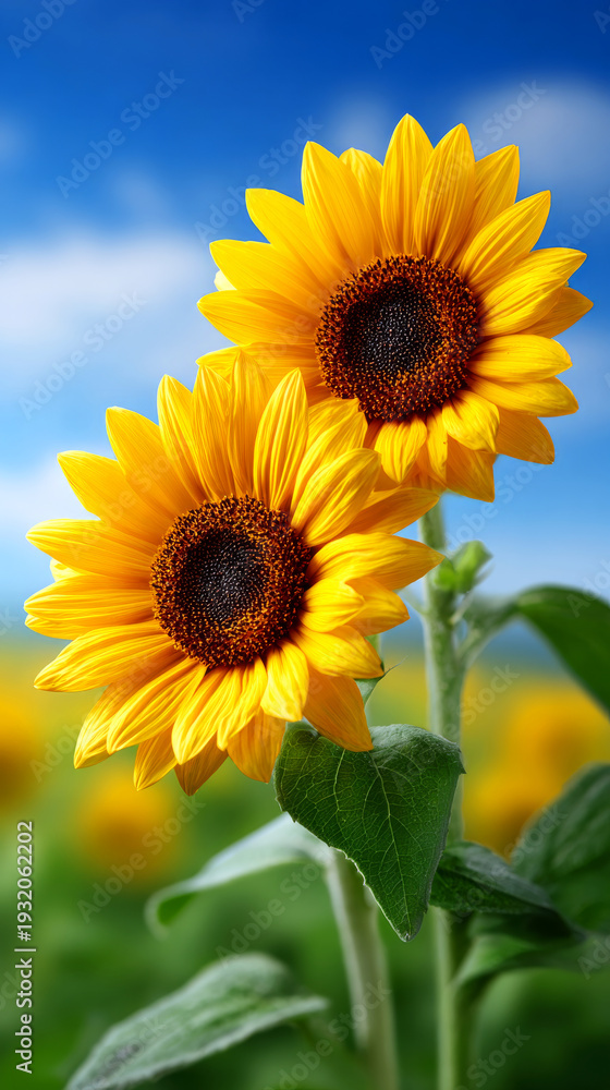 Obraz premium Sunflowers in a blue sky. Two sunflowers stand tall in a green field under a blue sky. Bright yellow petals surround dark centers.