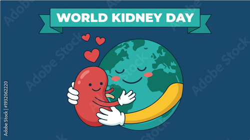A cartoon globe hugs a smiling red kidney with hearts floating above, celebrating World Kidney Day on a dark blue background with a green banner
