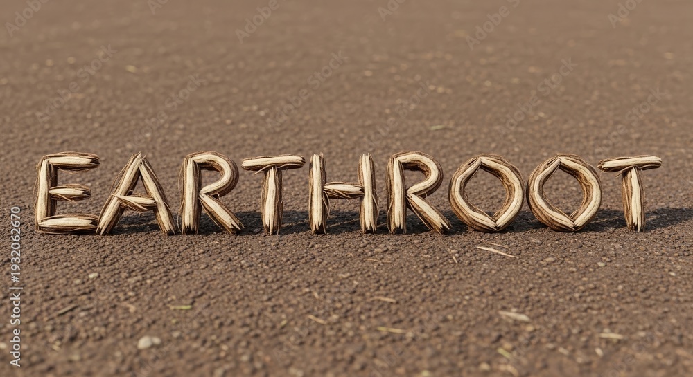 Fototapeta premium Earthroot Wooden Typography on Soil Background, Sustainable Farming Concept