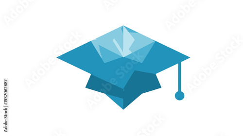 A geometric graduation cap illustration in shades of blue. Its tassel hangs down on a white backdrop
