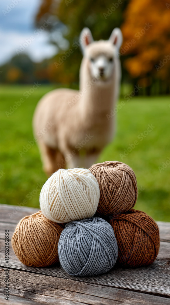 Naklejka premium Yarn and alpaca in a green field setting. Yarn balls sit on a wooden table with an alpaca in a green field behind them on a sunny day.