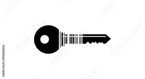 A minimalist black silhouette of a key with a barcode incorporated into the blade