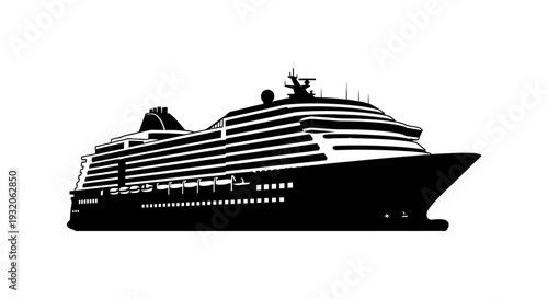 Black and white silhouette of a large cruise ship sailing on the water
