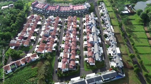 Aerial Drone View of Modern Residential Housing Complex with Red Roof Houses in Indonesia