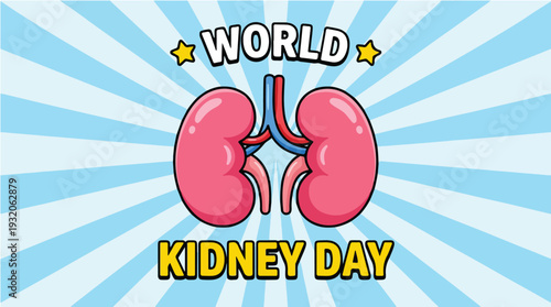 A vibrant illustration of kidneys with the words 'WORLD KIDNEY DAY' on a blue and white striped background, symbolizing the Festival of Colours for World Kidney Day awareness