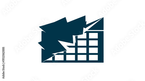 A dark blue geometric representation of a building, partially fractured with sharp edges