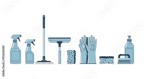 Cleaning supplies arranged in a line including spray bottles and a mop