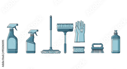 Cleaning supplies arranged in a row including spray bottles mop and gloves