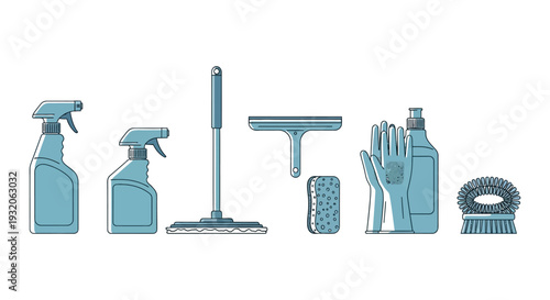 Cleaning supplies arranged in a line spray bottles mop gloves and brushes