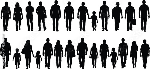 Silhouettes of diverse people walking, men, women, children, holding hands, carrying bags, wearing hats, social interaction, vector illustration, human design