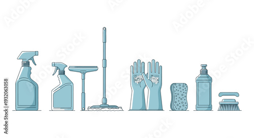 Cleaning supplies arranged in a linear illustration including spray bottles and a mop