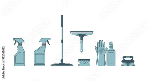 Cleaning supplies arranged in a row spray bottles mop scrubber and gloves