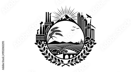 A circular emblem depicting industry agriculture and natural landscapes in black
