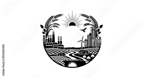 Circular emblem depicting a cityscape farmland wheat and a rising sun