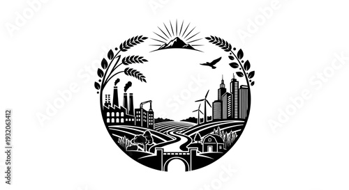 Circular emblem depicting industry agriculture and nature within a laurel wreath