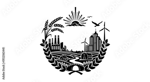 Black and white emblem featuring industrial agricultural and natural elements