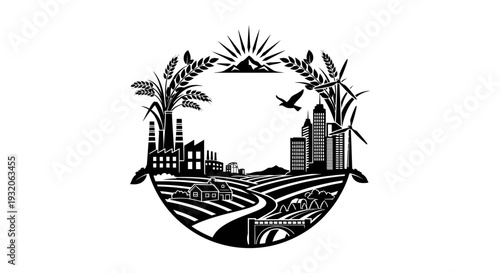 Black and white illustration depicting a harmonious blend of industry agriculture and nature