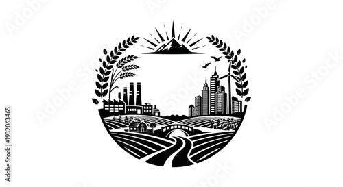 Black and white emblem depicting a landscape with city farms and natural elements