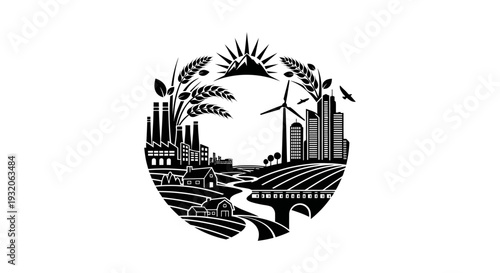 Circular emblem depicting a blend of industry agriculture and renewable energy sources
