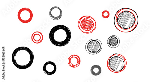 Abstract composition of overlapping circles in red black and gray tones