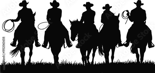 Cowboys riding horses silhouette, western frontier lifestyle illustration, ranch culture, American tradition, rodeo concept, lasso rope, rustic country vector art