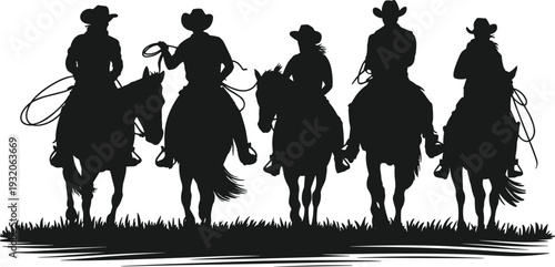 Cowboys riding horses silhouette, western culture illustration, ranch lifestyle, American frontier tradition, rodeo concept, lasso rope, rustic country vector art