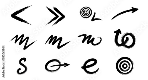 Collection of hand drawn black brushstroke arrows lines and abstract shapes