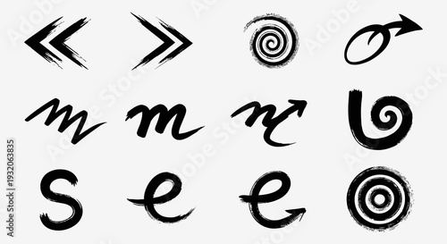 Collection of abstract black brushstroke arrows swirls and letter like shapes