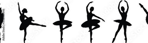 Elegant ballerina silhouettes in graceful dance poses, classical ballet positions with tutu, pirouette, arabesque, performance art, stage movement illustration