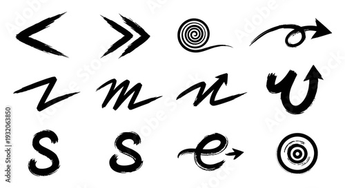 Collection of abstract black brushstroke shapes and arrow like designs high quality