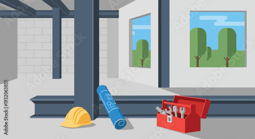 Vector illustration of an indoor construction site showcasing structural steel, block walls, a hard hat, blueprint, toolbox, and outdoor-view windows.