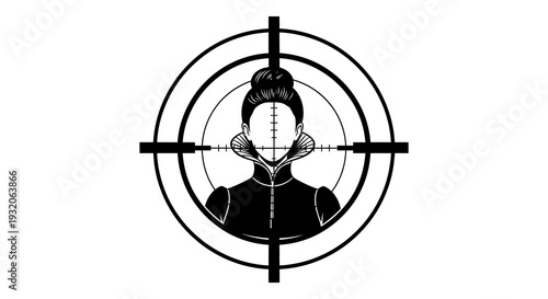 Black and white illustration of a woman s face within a crosshair target