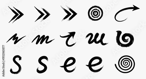 Collection of black brushstroke arrows swirls and stylized letterforms on transparent background