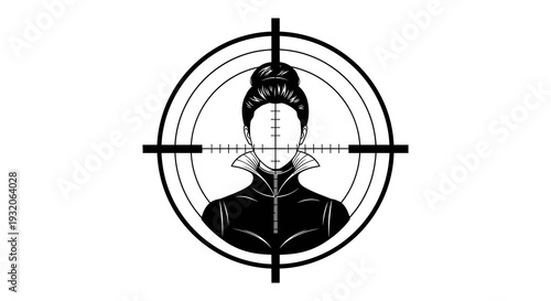 Black and white illustration of a woman s face within a crosshair target